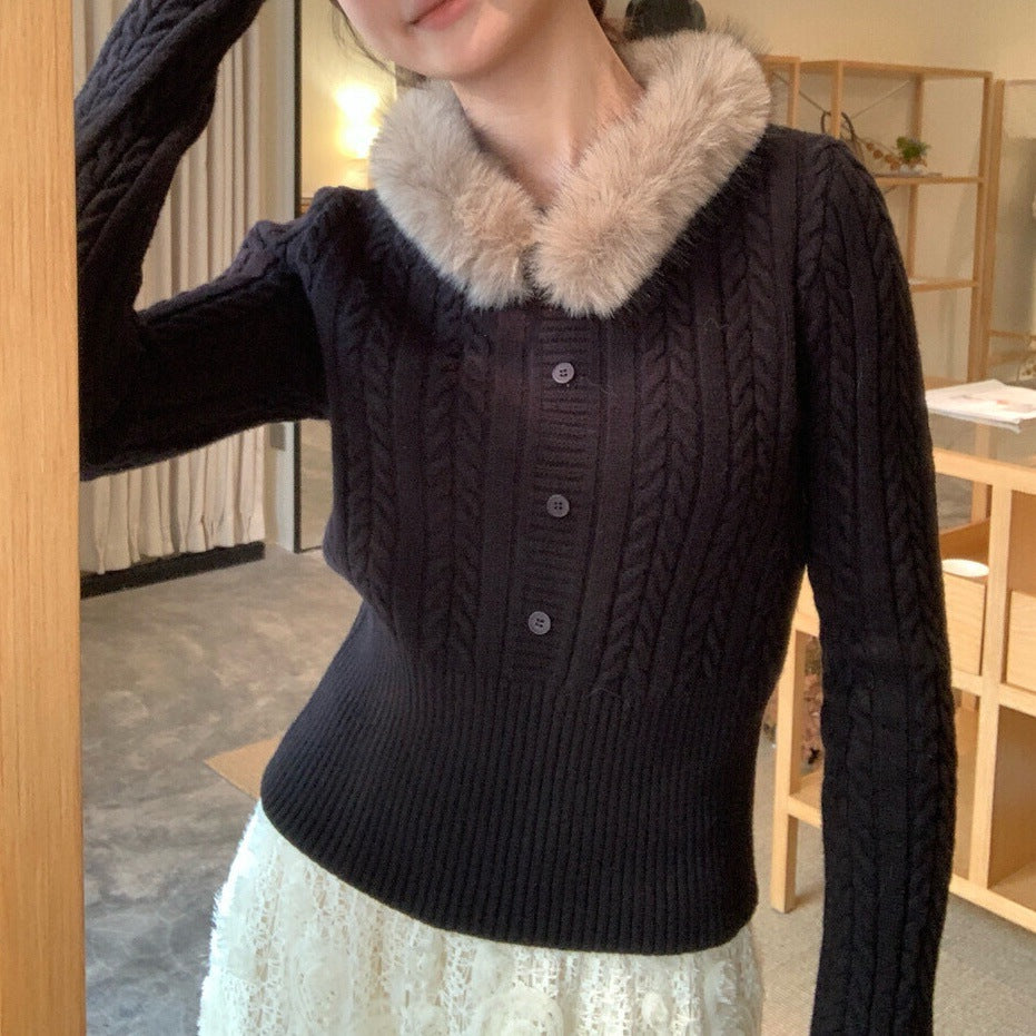 Damen Eleganter Strickpullover mit Kunstfellkragen Shop Nory