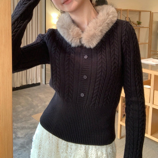 Damen Eleganter Strickpullover mit Kunstfellkragen Shop Nory