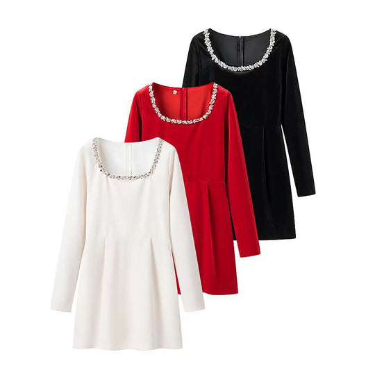 Damen Samtkleid mit taillierter Korsage, quadratischem Ausschnitt und floraler Zierkante Shop Nory