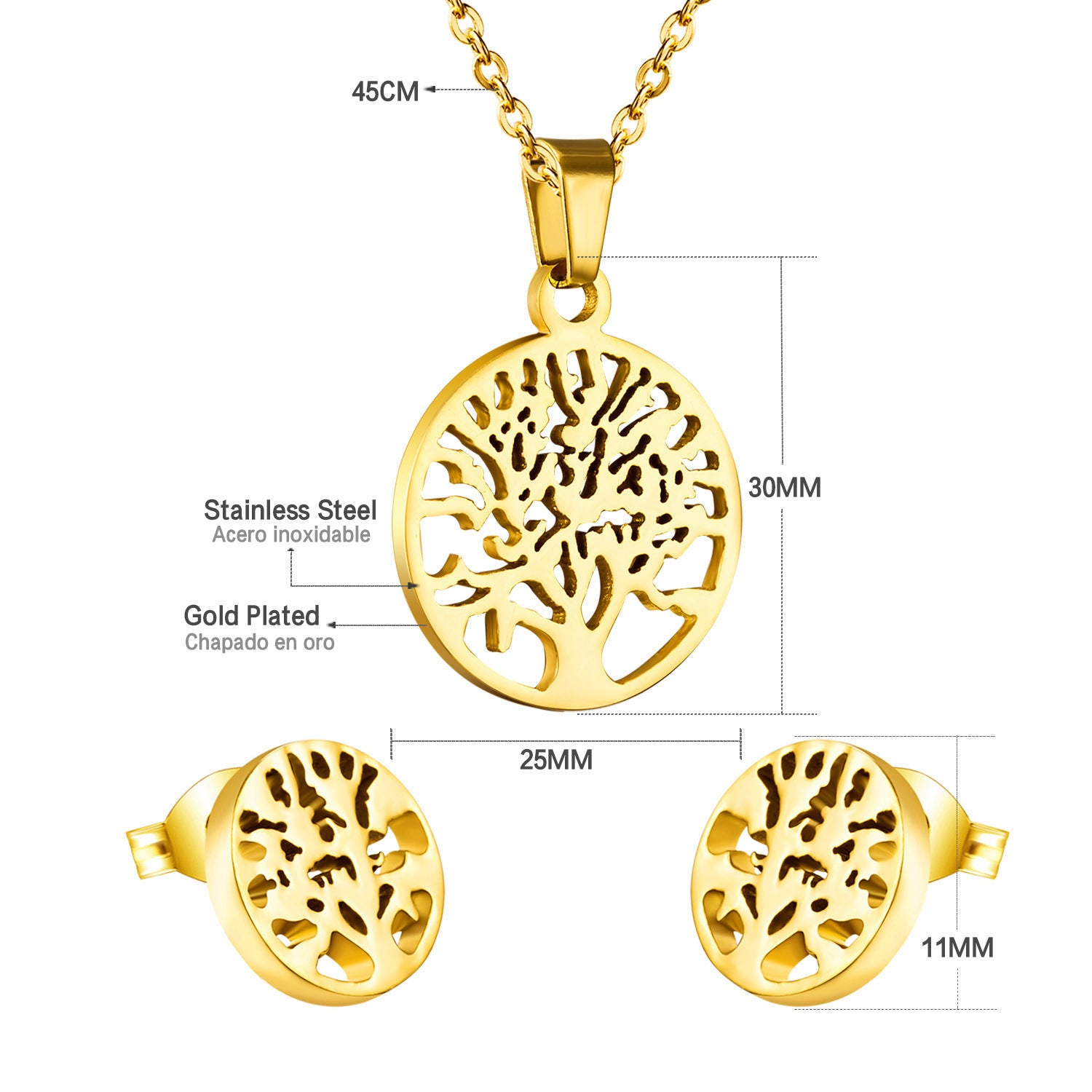 Damen Schmuckset mit Baum-Anhängern aus hochwertigem Edelstahl und goldplattiertem Design Shop Nory
