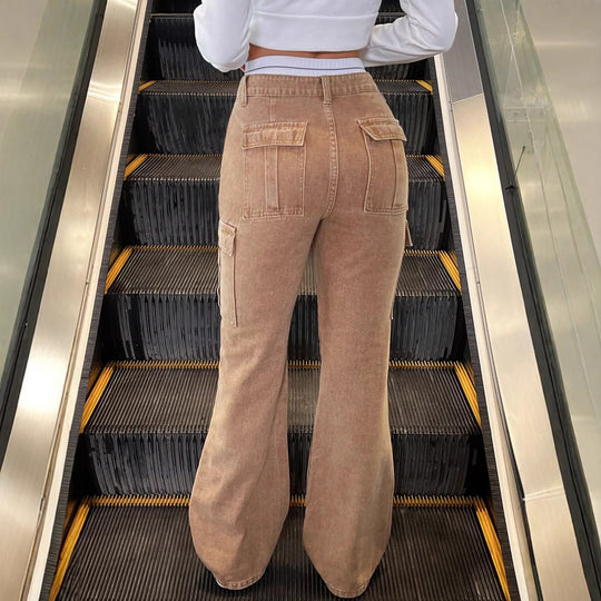 Damen Hochgeschnittene Cargo-Jeans im Flared-Cut mit Tunnelzugbündchen Shop Nory