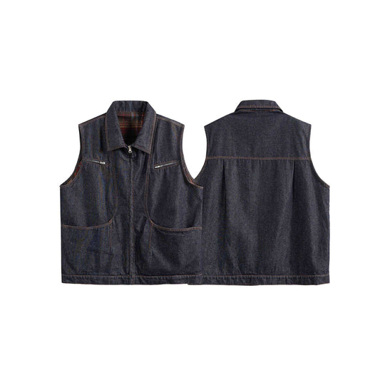 Herren Denim-Weste mit Reißverschluss, großen Pattentaschen und Karofutter Shop Nory