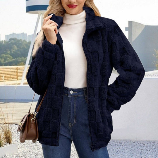 Damen Teddyjacke mit Karo-Struktur, Stehkragen und Reißverschluss Shop Nory