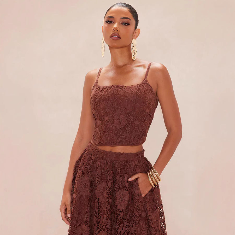 Damen Spitzen-Midi-Kleid mit zartem Blumenmuster und schwingendem Rock Shopnory