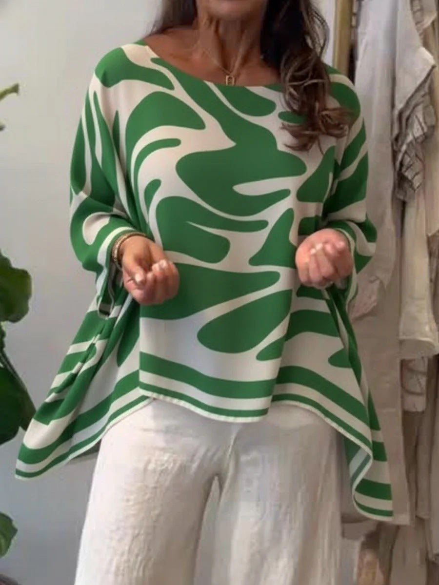 Damen Oversize Sommerbluse mit abstraktem Print, Fledermausärmeln und asymmetrischem Saum Shop Nory