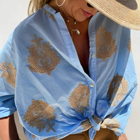 Damen Boho Leinen Bluse mit Perlenstickerei und Knotenband Shop Nory