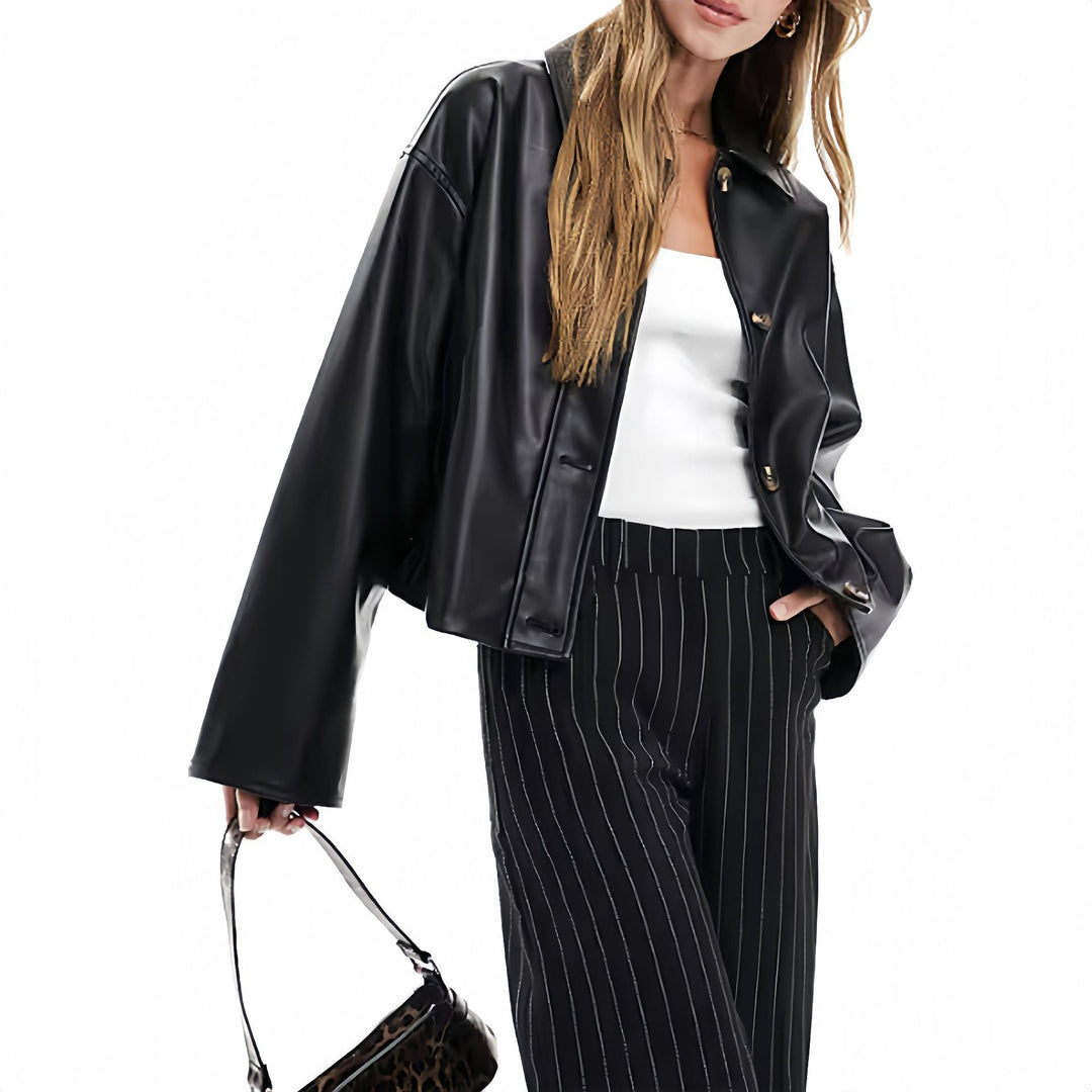 Damen modische Kunstlederjacke mit elegantem Schnitt Shopnory