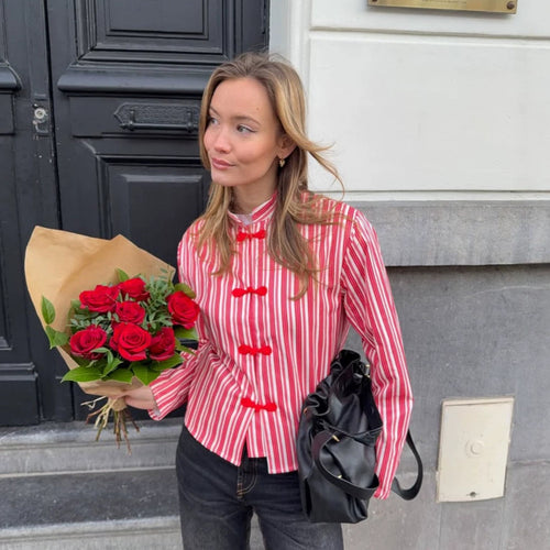 Damen Gestreifte Mandarin-Kragen Bluse mit dekorativen Knotenverschlüssen Shop Nory