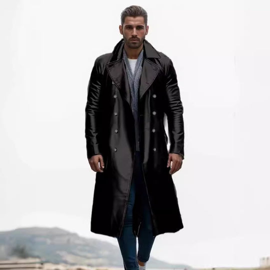 Herren Langer glänzender Kunstleder-Trenchcoat mit Doppelreiher und markantem Revers Shop Nory