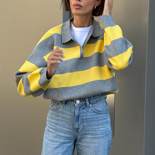 Damen Oversize Streifen-Rugby-Pullover mit offenem Polokragen und V-Ausschnitt Shop Nory