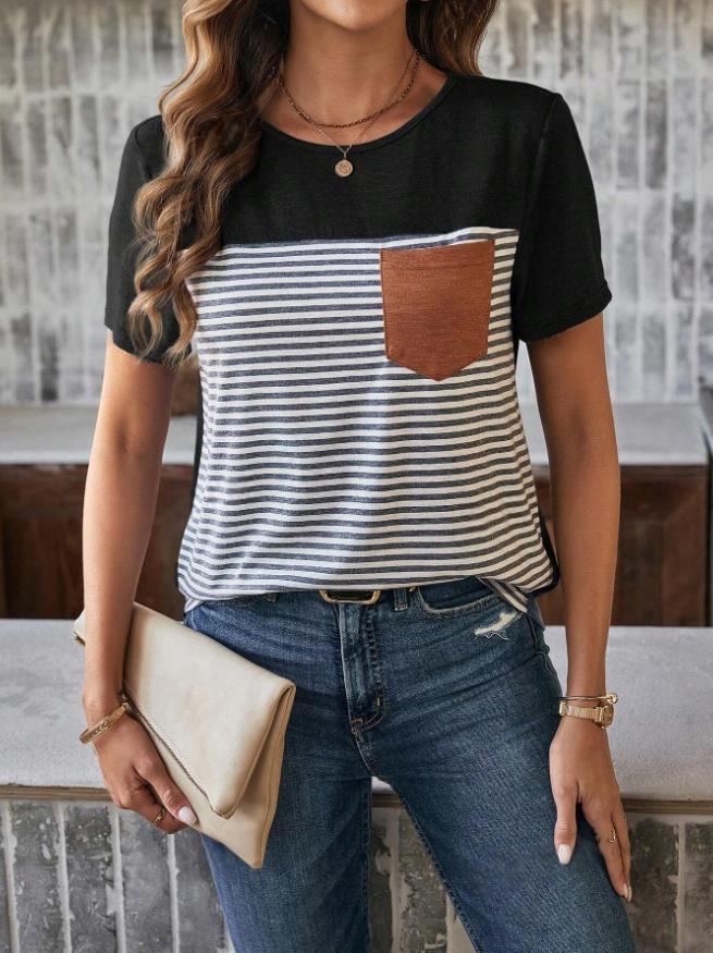 Damen Trendiges T-Shirt mit gestreiftem Design und Leder-Tasche