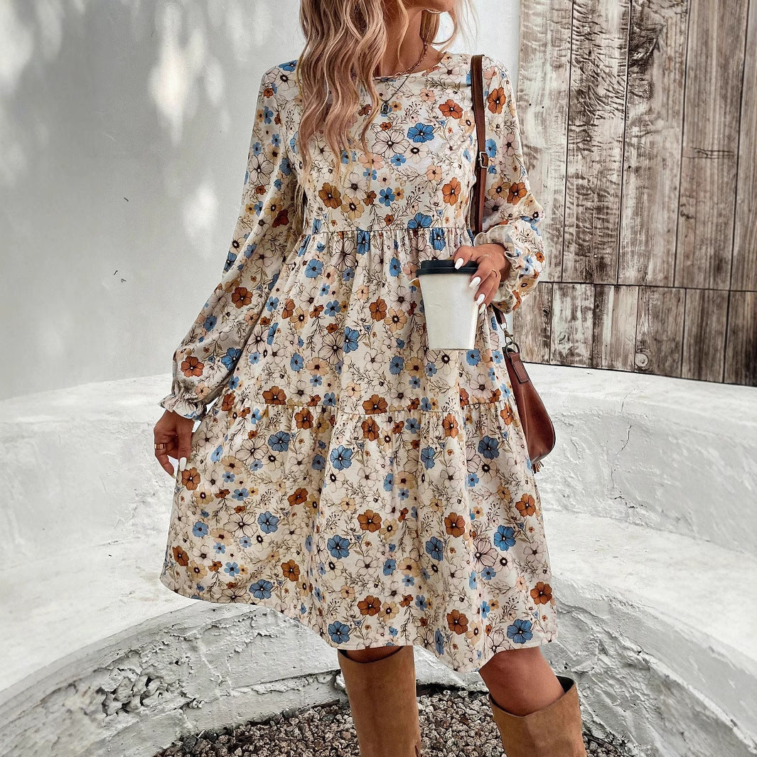 Damen Geblümtes Stufenmidikleid mit Rundhalsausschnitt, geraffter Taillenpartie und Ballonärmeln Shop Nory