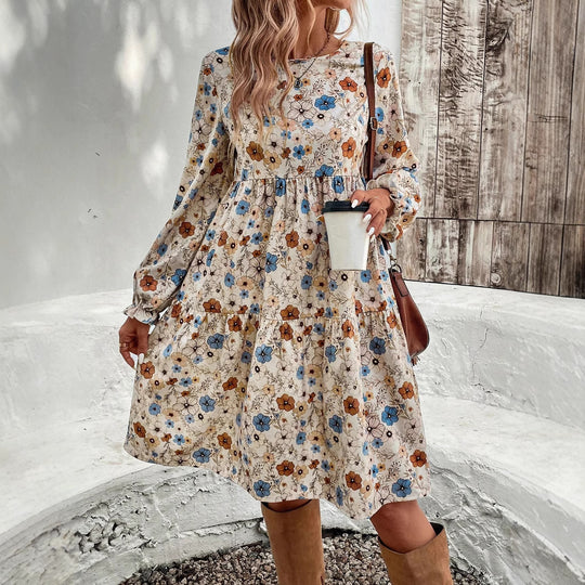 Damen Geblümtes Stufenmidikleid mit Rundhalsausschnitt, geraffter Taillenpartie und Ballonärmeln Shop Nory