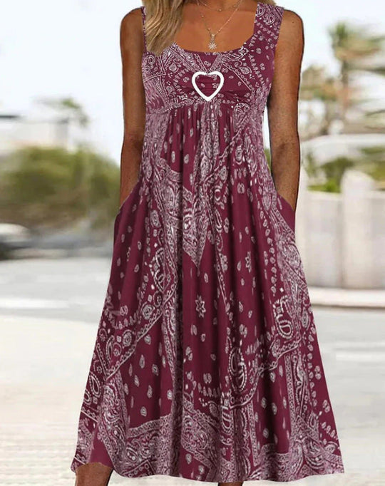 Damen nan luftiges Maxi-Kleid mit Paisley-Bandana-Print, geraffter Empire-Taille und praktischen Seitentaschen