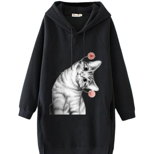 Damen Oversize Kapuzenkleid aus Sweat mit großem Katzenprint und Seitentaschen Shop Nory
