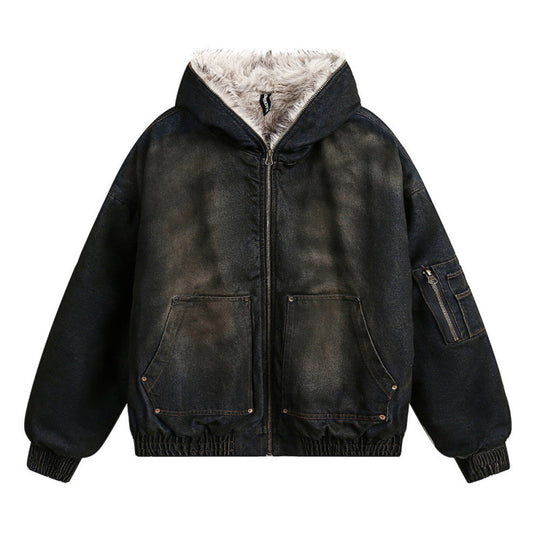 Herren Gefütterte Bomberjacke mit Teddyfutter, Kapuze und Used-Finish Shop Nory