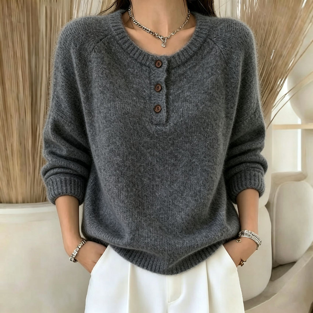 Damen Kuscheliger Rundhals-Henley-Pullover mit Knopfleiste und Raglanärmeln Shop Nory