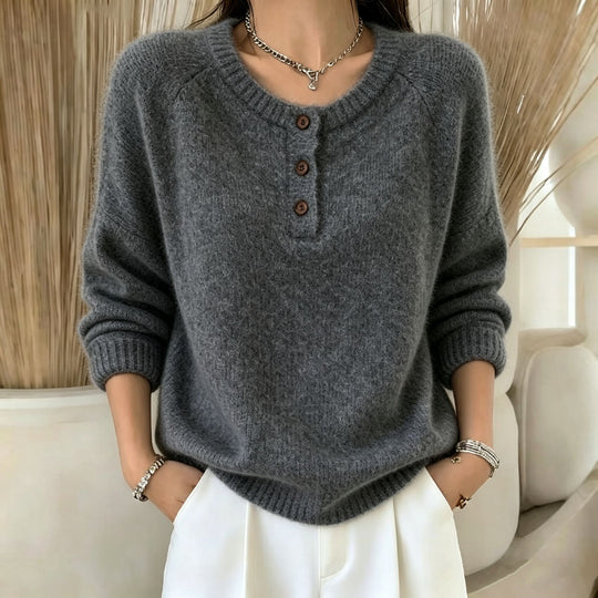 Damen Kuscheliger Rundhals-Henley-Pullover mit Knopfleiste und Raglanärmeln Shop Nory