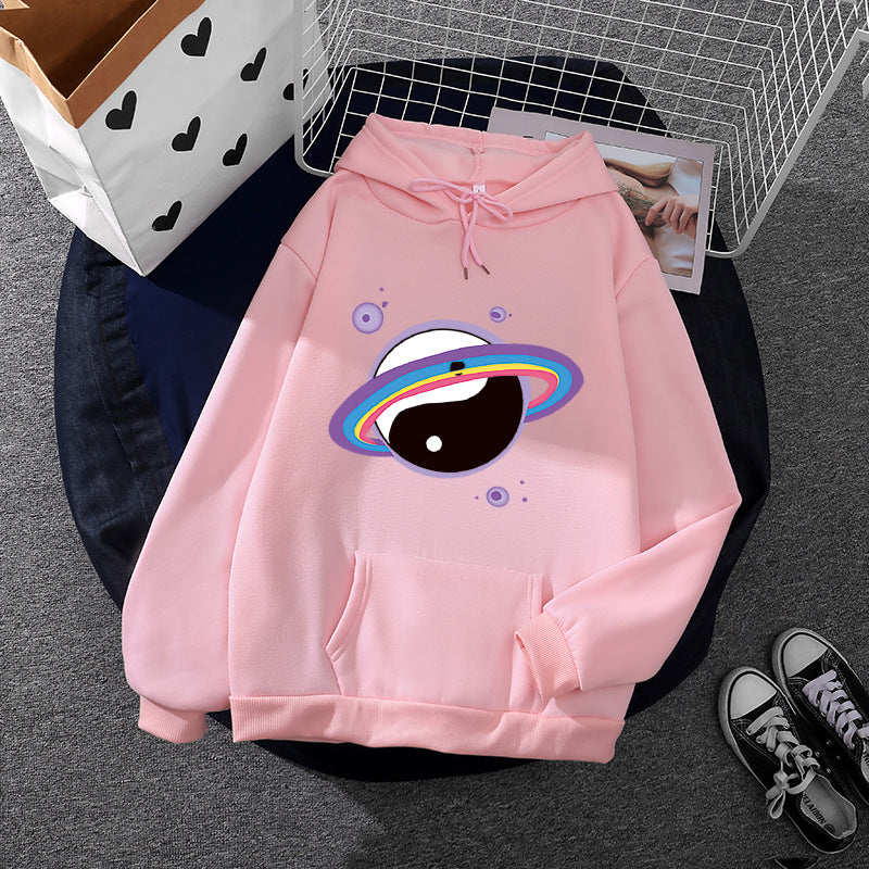 Damen nan Oversized Kapuzenpullover aus Baumwollmischung mit Planeten-Yin‑Yang-Grafik und Kängurutasche Shop Nory