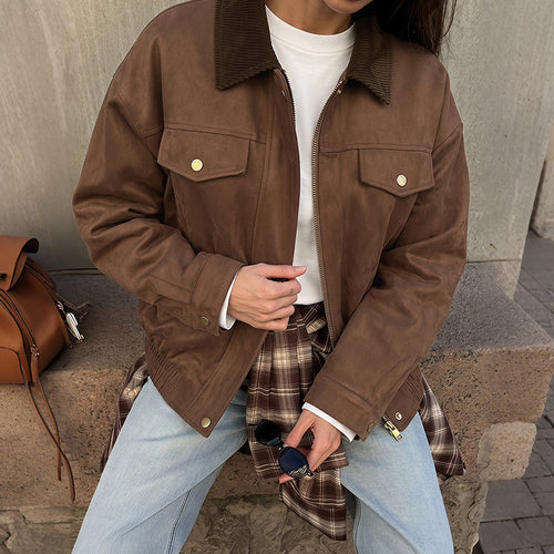 Damen Modische Velours-Lederjacke mit Cordkragen Shop Nory