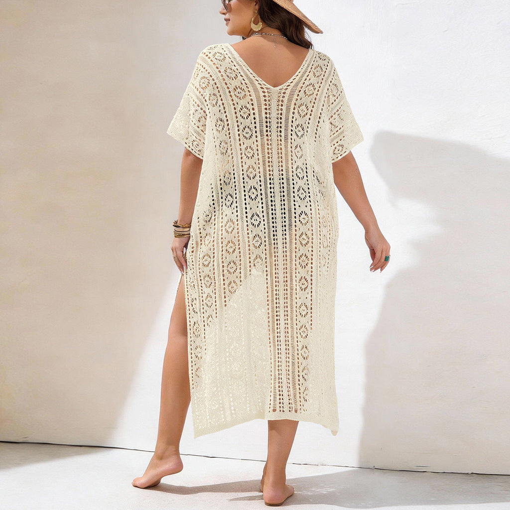 Damen Häkelstrandkleid mit V-Ausschnitt und seitlichem Schlitz