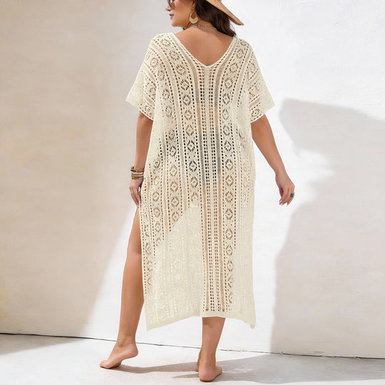 Damen Häkelstrandkleid mit V-Ausschnitt und seitlichem Schlitz