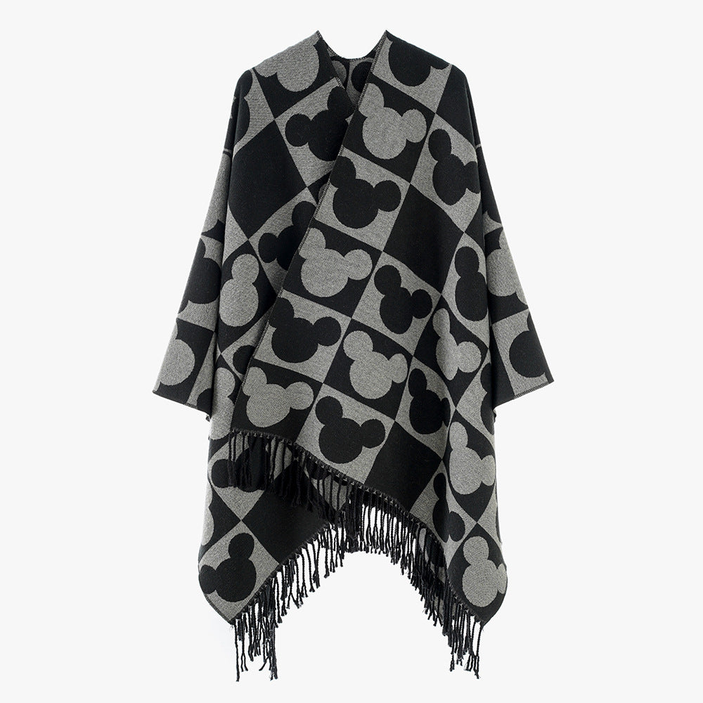 Damen Oversize-Poncho mit Fransen und figurativem Jacquardmuster aus Wollmix Shop Nory