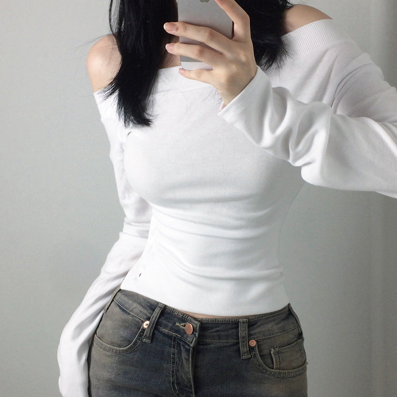 Damen nan schulterfreies Langarmshirt mit taillierter Silhouette und seitlicher Knopfleiste Shop Nory