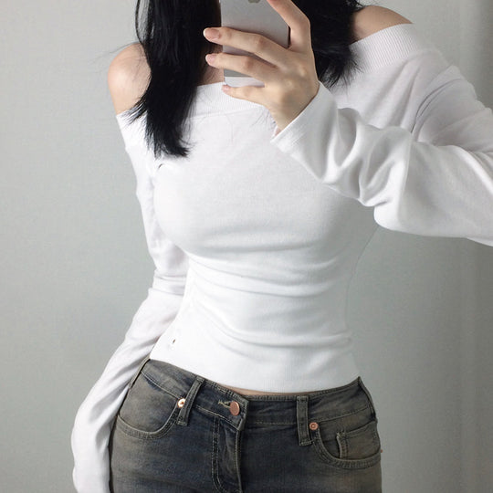 Damen nan schulterfreies Langarmshirt mit taillierter Silhouette und seitlicher Knopfleiste Shop Nory