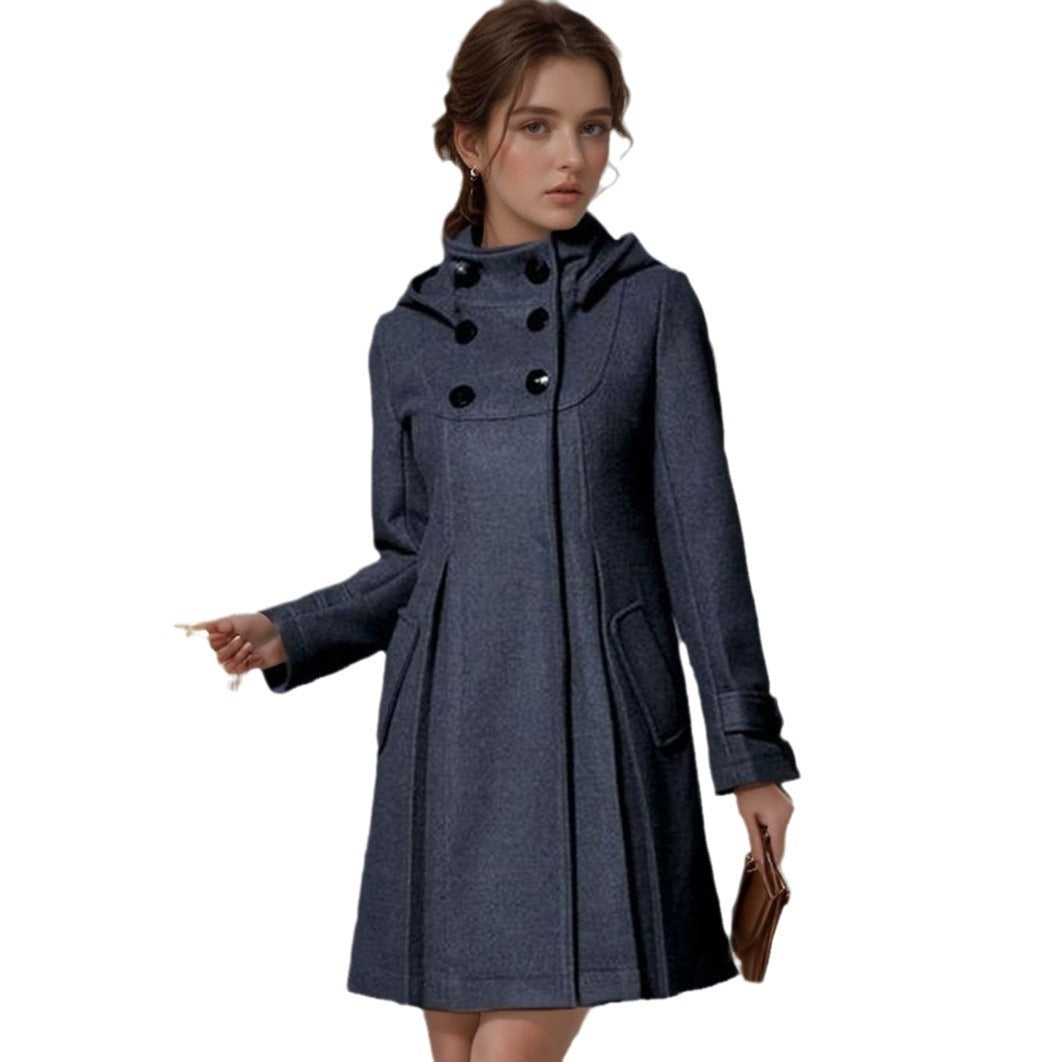 Damen A‑Linien Wollmix‑Mantel mit hoher Kapuze und Doppelknopfleiste Shop Nory