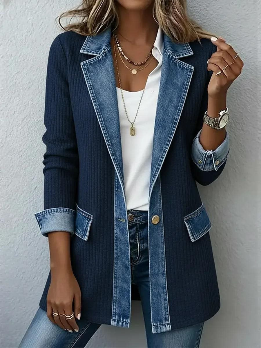 Damen Longline-Strickcardigan mit Jeanskragen und Saumbesatz Shop Nory