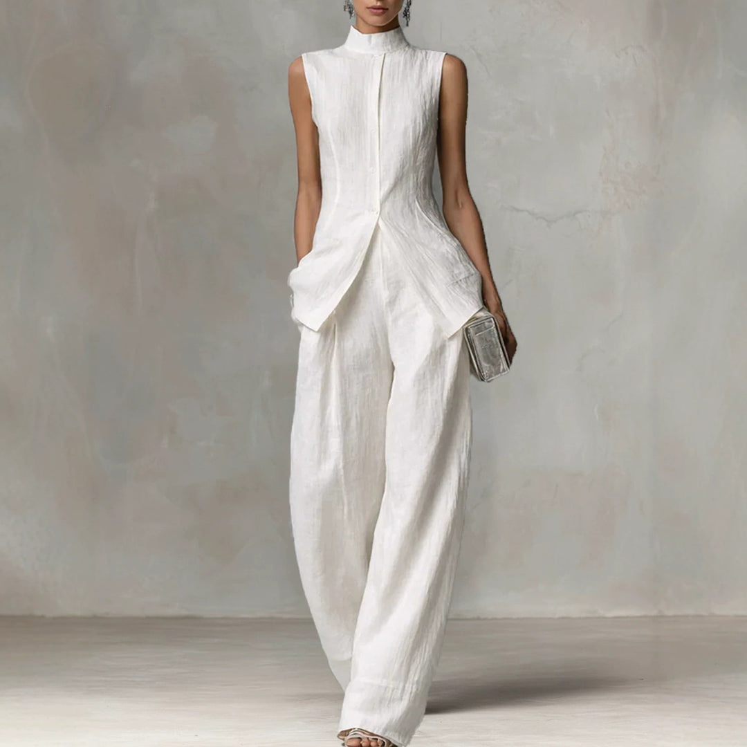 Damen Ärmelloser Leinen-Jumpsuit mit Stehkragen und weitem Bein Shop Nory