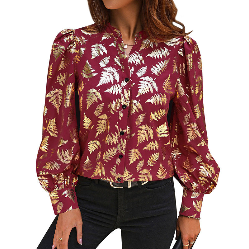 Damen Satin-Bluse mit metallischem Farnprint, Stehkragen & Puffärmeln Shop Nory
