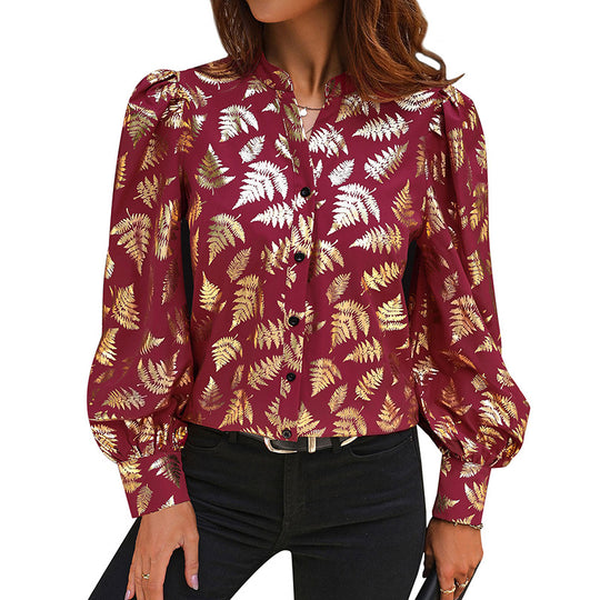 Damen Satin-Bluse mit metallischem Farnprint, Stehkragen & Puffärmeln Shop Nory