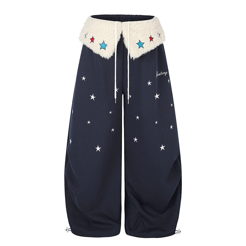 Damen Extraweite Palazzo-Jogginghose mit Teddybund, Kordelzug und Sternstickerei Shop Nory
