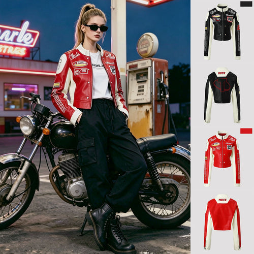 Damen Bikerjacke im Racing-Look mit gestickten Patches und kontrastierenden Ärmeln Shop Nory