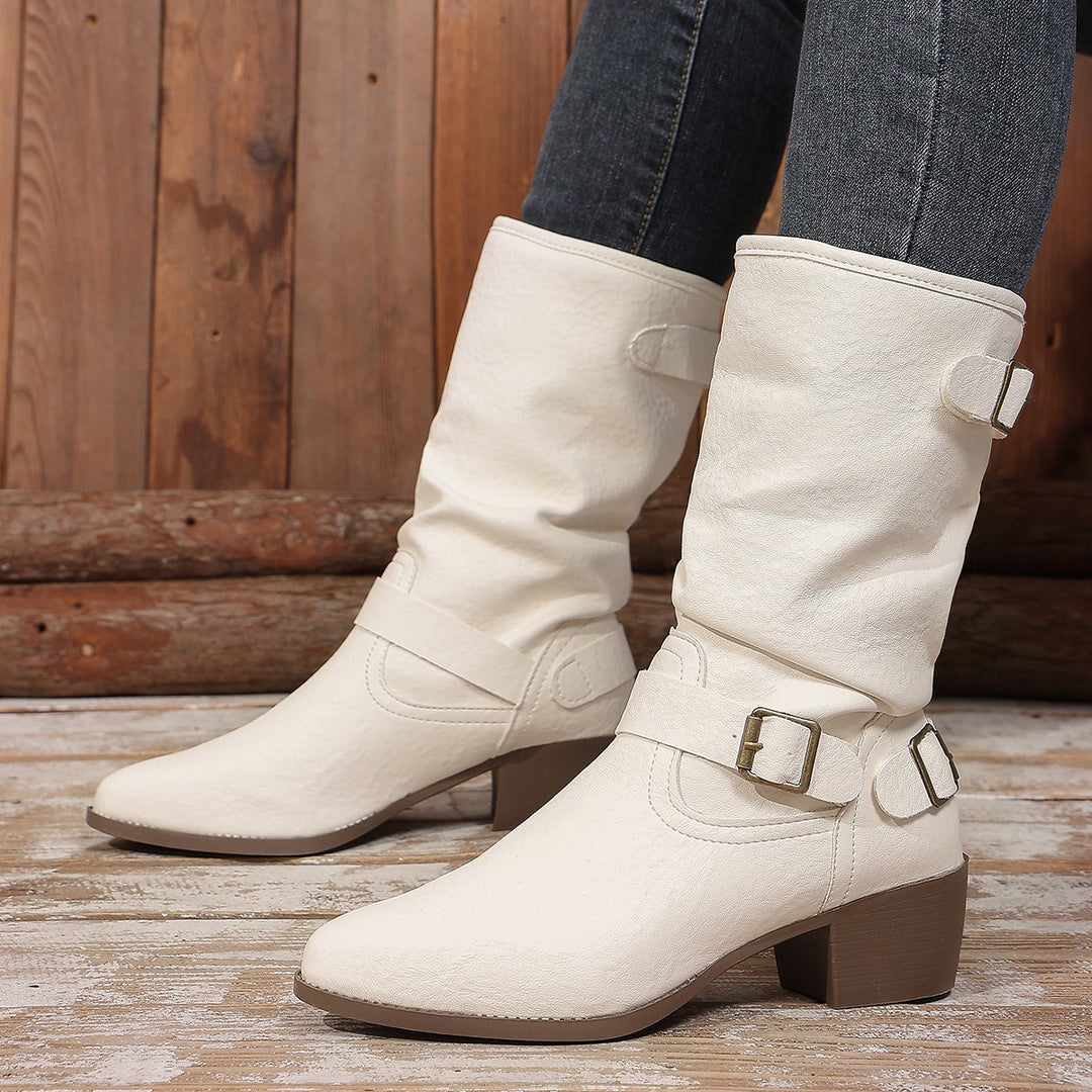 Damen Stiefeletten mit mittelhohem Blockabsatz und lässigem Slouch-Schaft Shop Nory