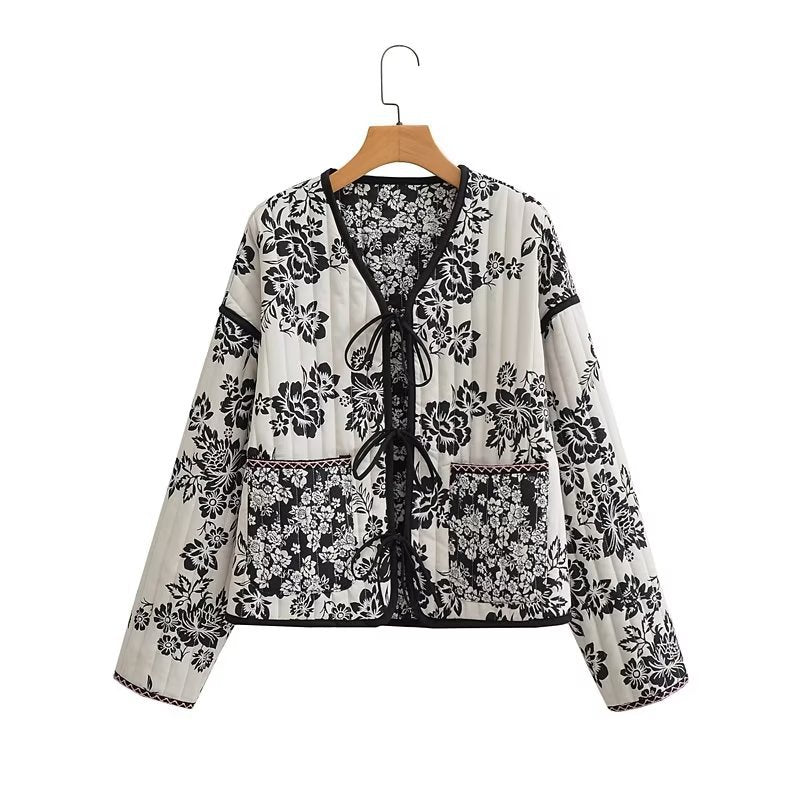 Damen Gestepptes Kurzblouson mit floralem Allover-Print und Bindeschleifen Shop Nory