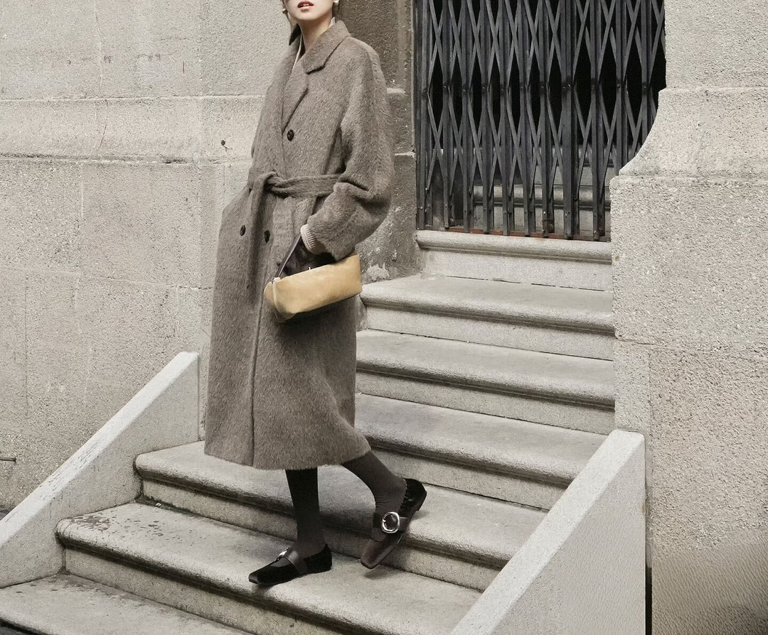 Damen Modischer und eleganter Bouclé-Mantel mit doppelter Knopfleiste Shop Nory