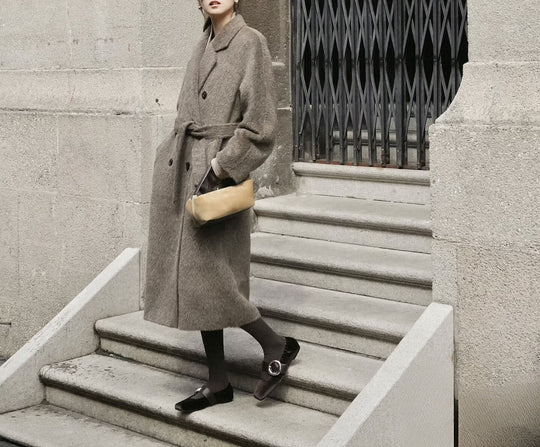 Damen Modischer und eleganter Bouclé-Mantel mit doppelter Knopfleiste Shop Nory