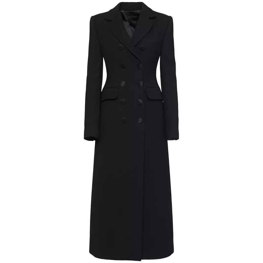 Damen Doppelreihiges tailliertes Blazerkleid mit Maxi‑Länge und Pattentaschen Shop Nory