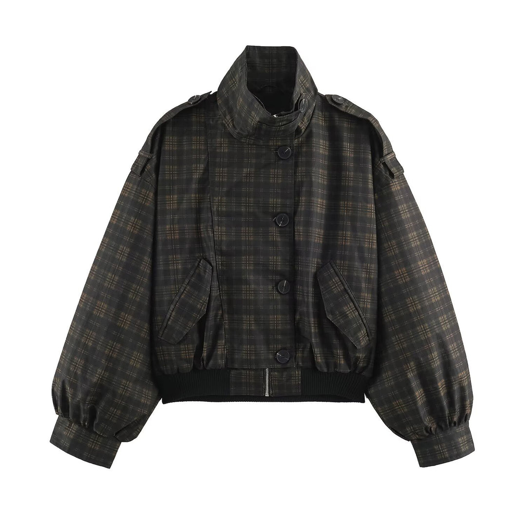 Damen Karierter Cropped‑Bomber mit weitem Ballonärmeln und hohem Stehkragen Shop Nory
