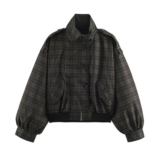 Damen Karierter Cropped‑Bomber mit weitem Ballonärmeln und hohem Stehkragen Shop Nory