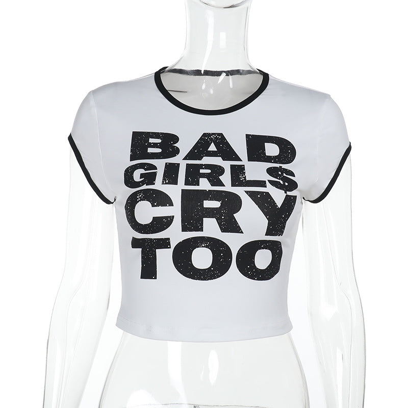 Damen Kurz geschnittenes Statement-Cropped-T-Shirt mit Ringer-Bündchen und figurbetonter Passform Shop Nory