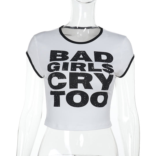 Damen Kurz geschnittenes Statement-Cropped-T-Shirt mit Ringer-Bündchen und figurbetonter Passform Shop Nory