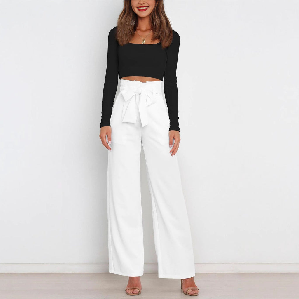 Damen Weit geschnittene High-Waist-Hose mit Binde-Gürtel und Taschen