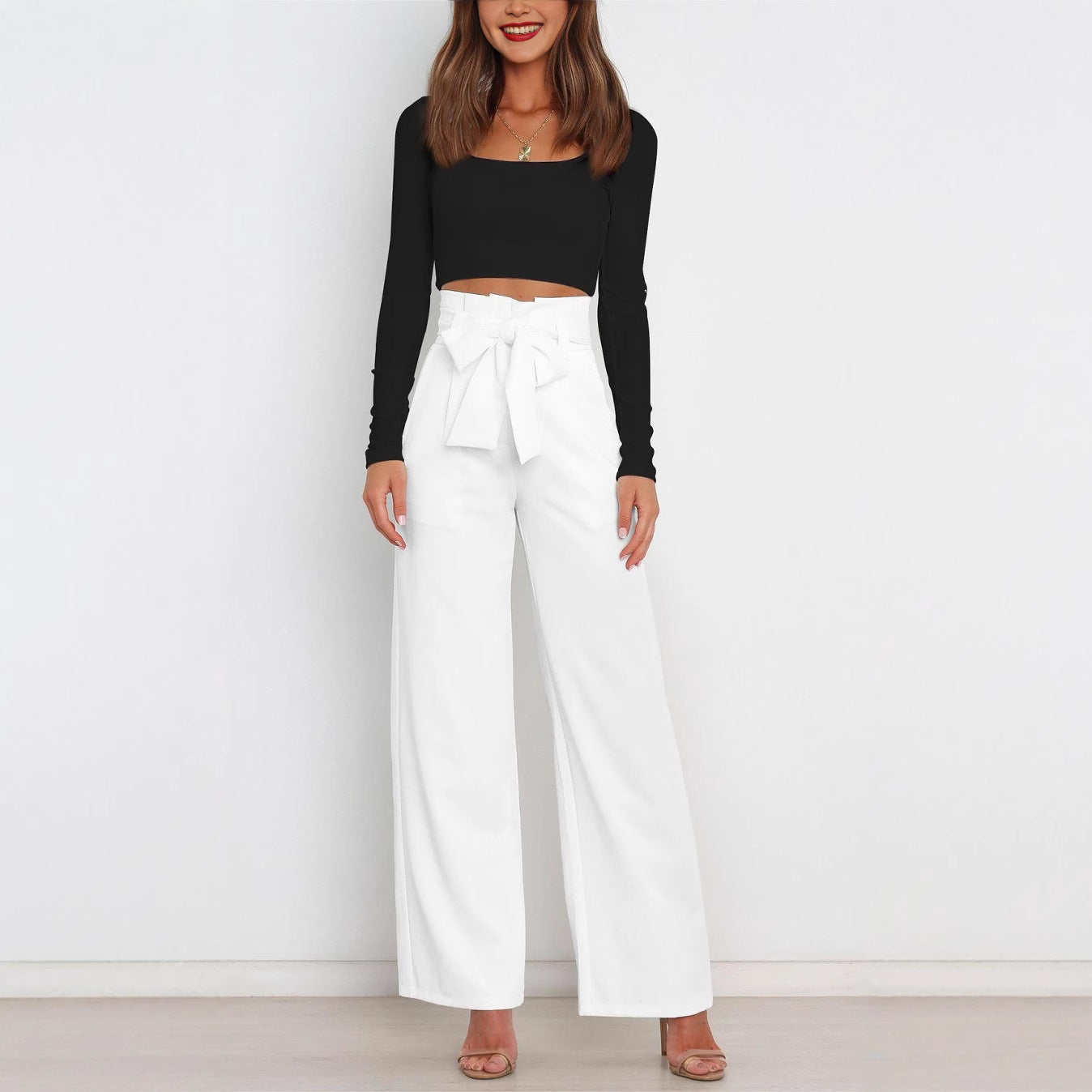 Damen Weit geschnittene High-Waist-Hose mit Binde-Gürtel und Taschen