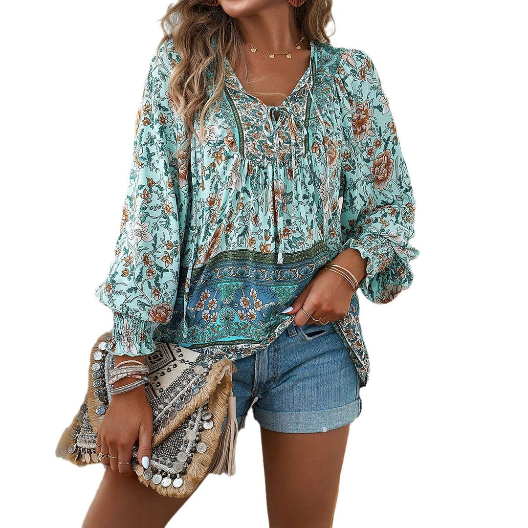 Damen nan lockere Boho-Tunika mit V-Ausschnitt Bindeband gerafften Ärmeln und floralem Muster Shop Nory
