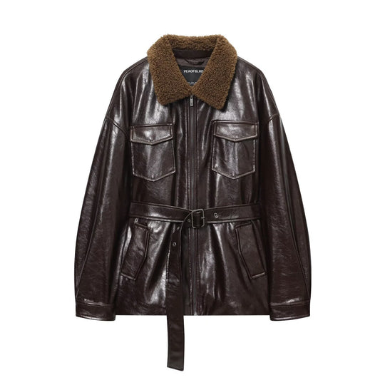 Damen Oversized Lederimitat-Jacke mit Teddykragen und Taillengürtel Shop Nory