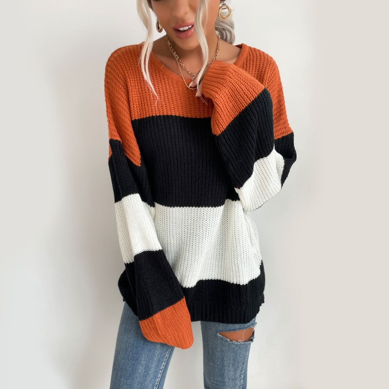 Damen Oversize Strickpullover mit schrägem Carmen-Ausschnitt und breiten Farbblöcken Shop Nory